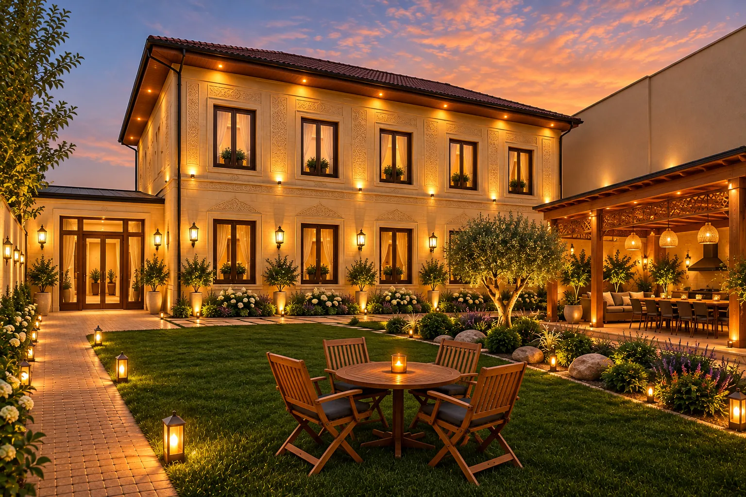 Concept visualisation: the hotel courtyard garden at sunset